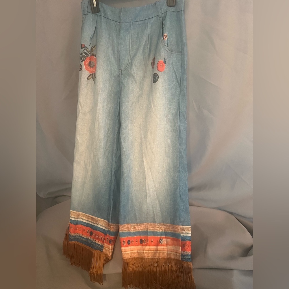 Faux Embroidered Wide Leg Faux Jeans with Fringe Hem - Picture 6 of 10